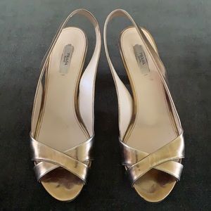 Prada gold bronze lame sling back heeled sandal size 39